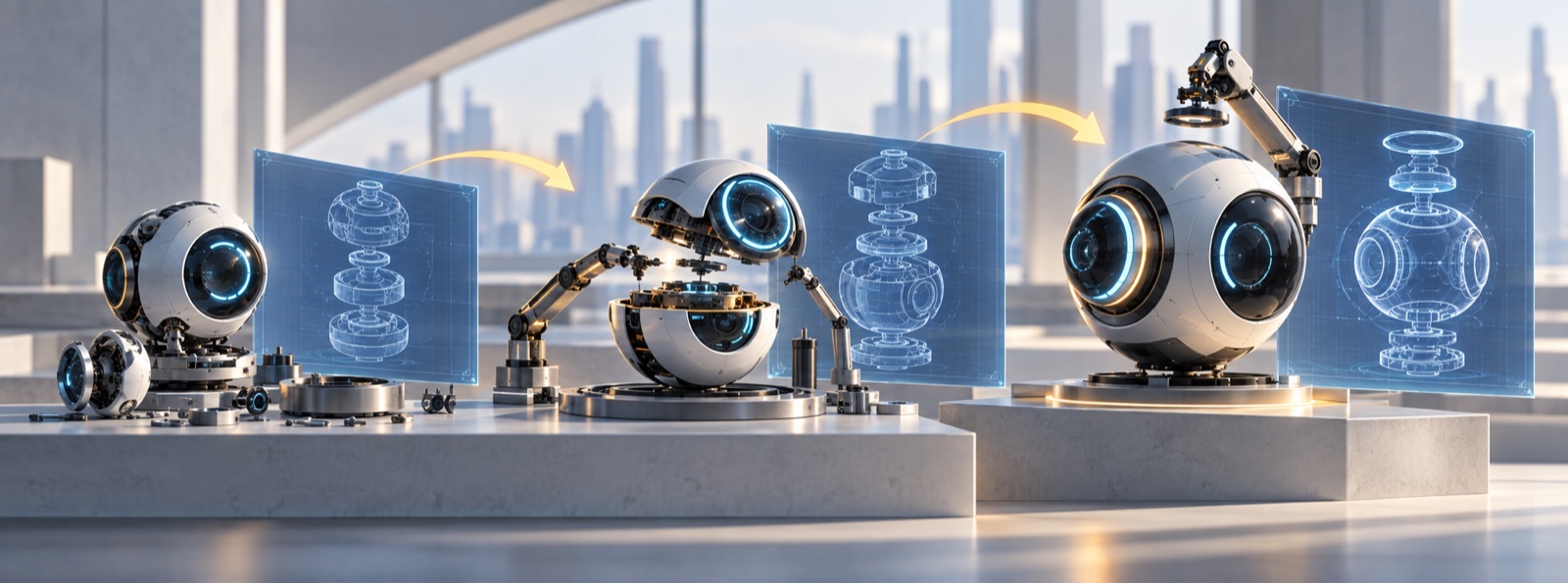 Three stages of a robot sphere being assembled by robotic arms against blueprint panels: loose parts, an open shell mid-assembly, and a finished glowing sphere, an illustration of AI building the next AI.