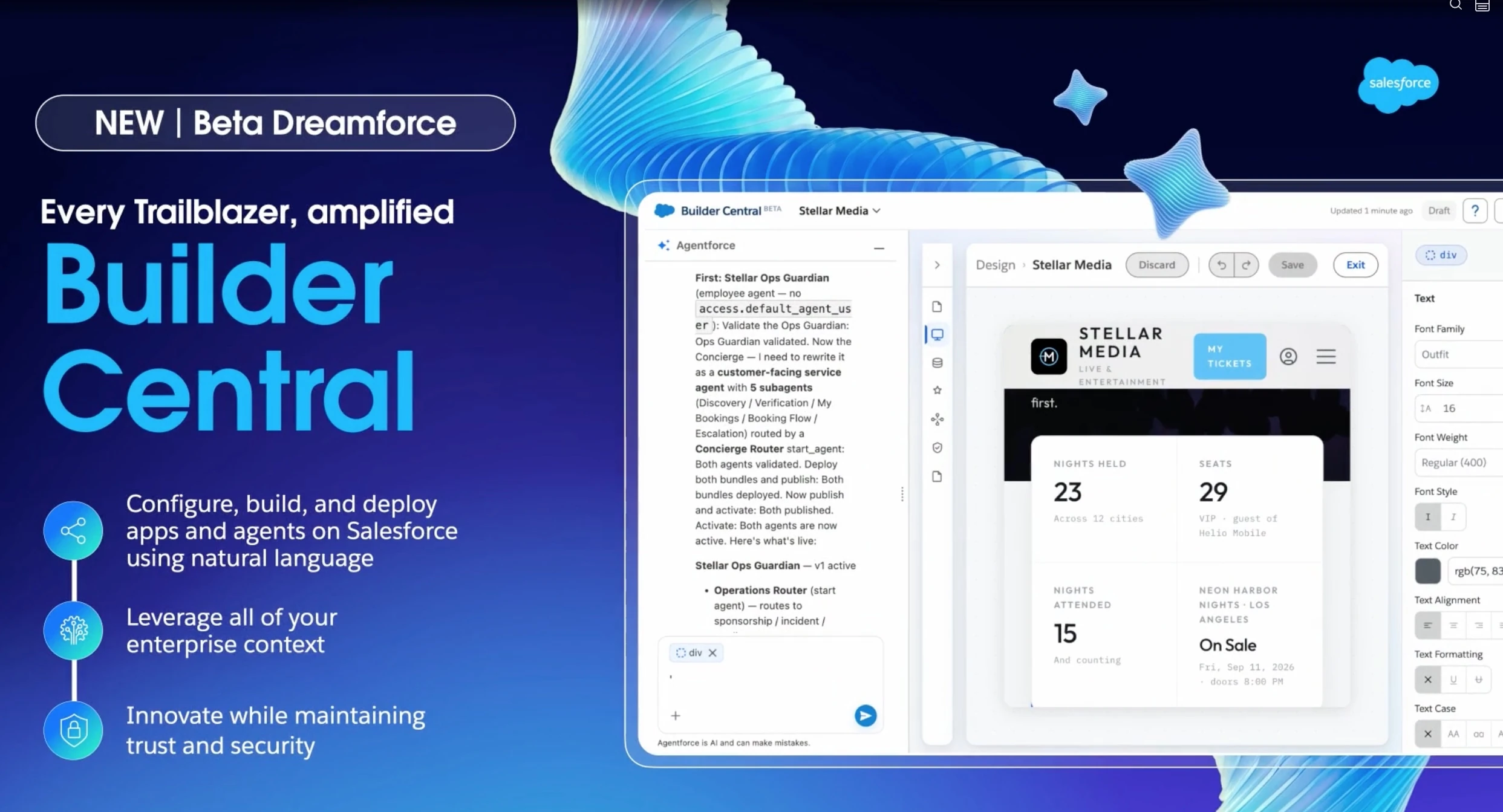 Builder Central announcement slide labeled Beta Dreamforce, showing a natural-language app builder and visual editor.