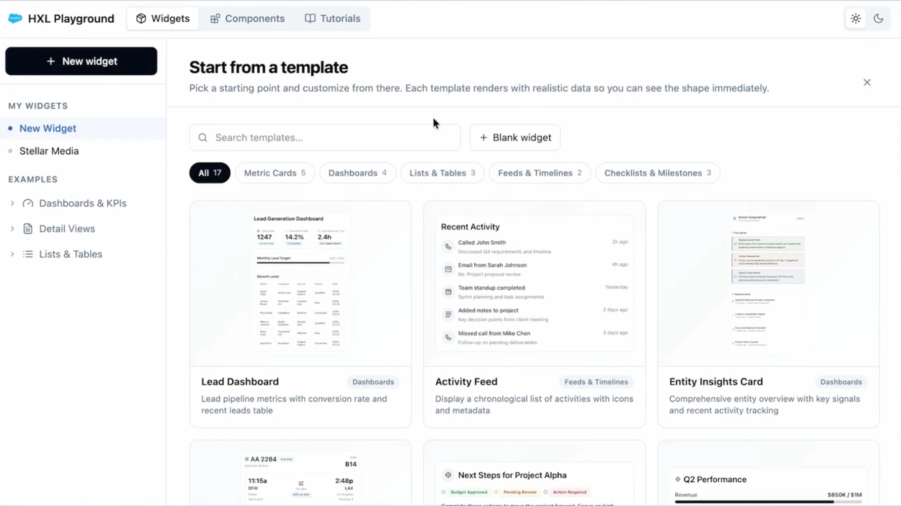 HXL Playground template gallery showing Lead Dashboard, Activity Feed, and Entity Insights Card templates, with category filters.