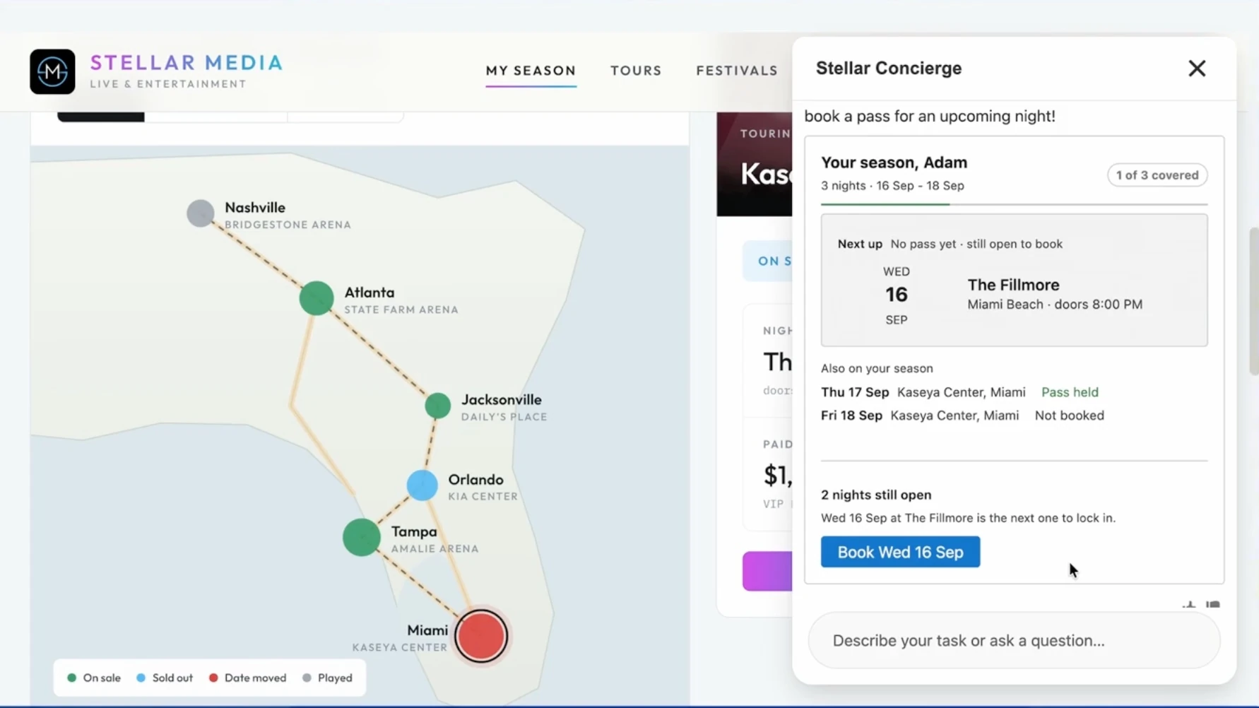 Stellar Media fan site showing a tour map and the Stellar Concierge panel with a season booking card.